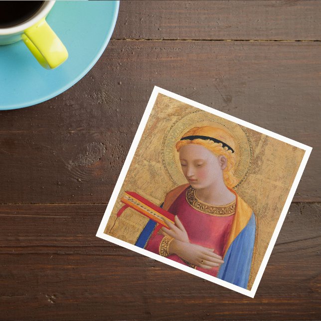 Servilleta De Papel Figura sagrada de la época del cristiano dorado (Holy Christian angel figure halo holding book on golden yellow napkin.)