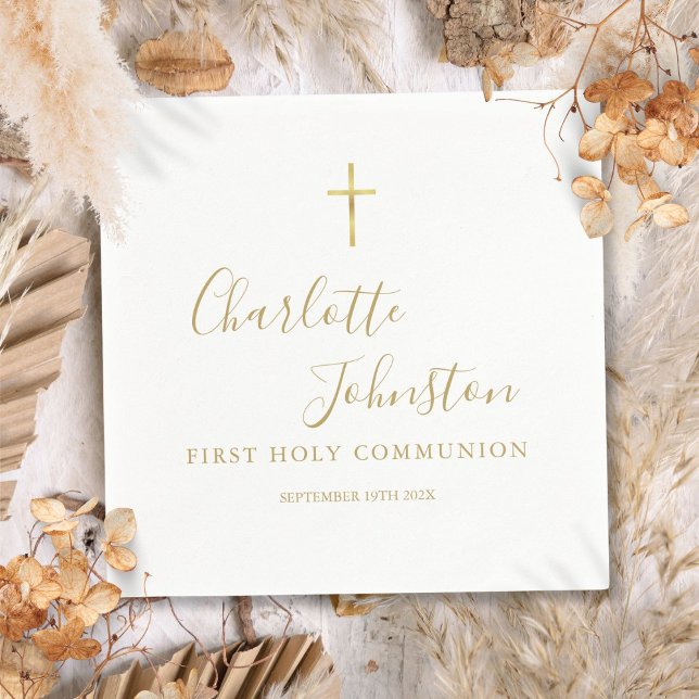 Servilleta De Papel Firma dorada moderna Primera Santa Comunión (Modern Golden Signature First Holy Communion Napkins)
