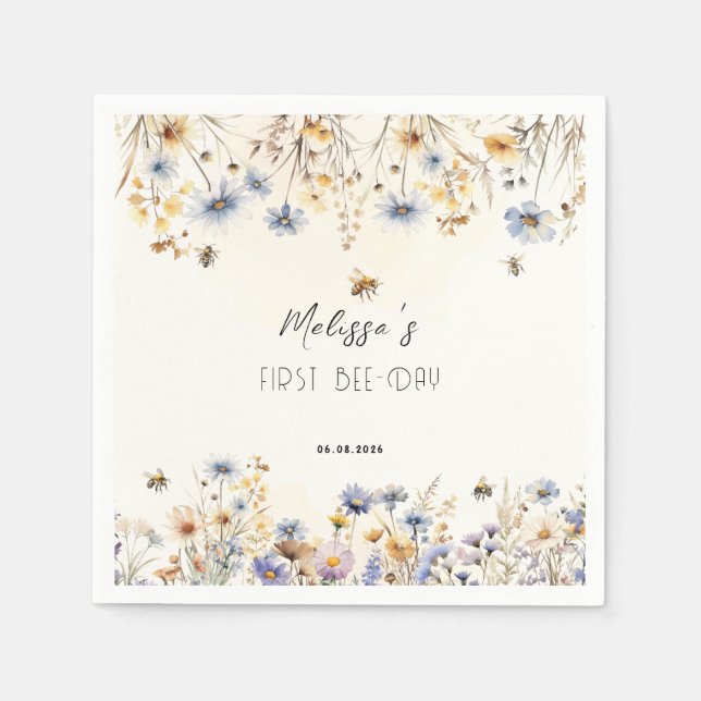 Servilleta De Papel First Bee Day - Floral 1st Birthday  (Anverso)