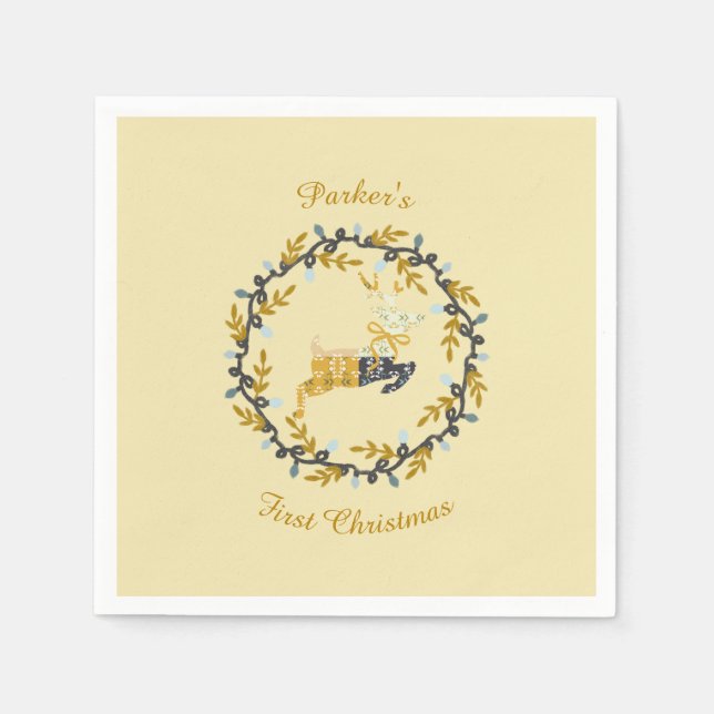 Servilleta De Papel First Christmas Deer with Wreath Yellow  (Anverso)