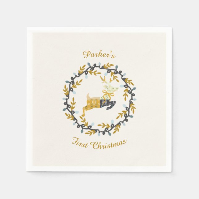 Servilleta De Papel First Christmas Deer with Wreath Yellow Cream (Anverso)