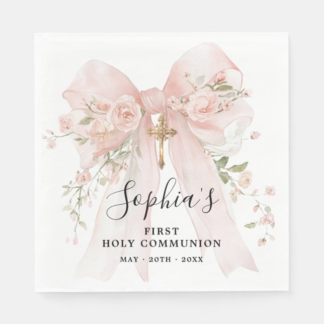 Servilleta De Papel First Communion Girl Pink Bow Roses Custom (Anverso)
