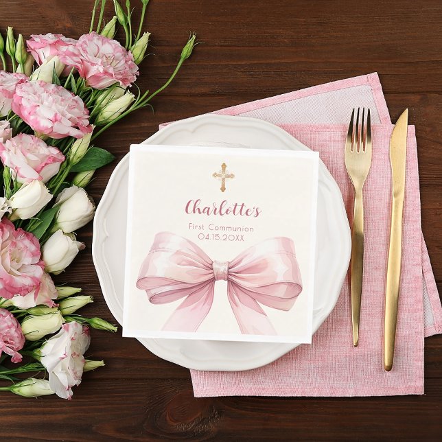 Servilleta De Papel First Communion pink bow cream cross luncheon (Subido por el creador)