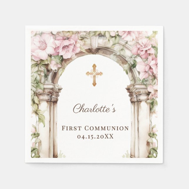Servilleta De Papel First Communion Pink Florals Arch Cross Luncheon (Anverso)