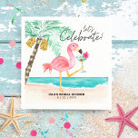 Servilleta De Papel Flamingo Beach Cocktail Tropical Bridal Shower<br><div class="desc">Las toallas de baño marrones y festivos incluyen un flamingo rosado en la playa que disfruta de un cóctel tropical al lado de una palmera con la leyenda "celebremos" en un guión moderno e informal de escritura a mano. Arte de KL Stock.</div>