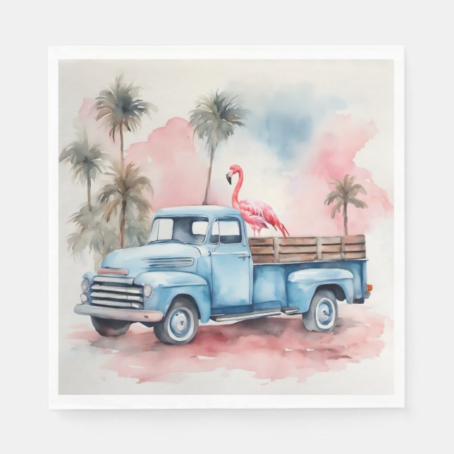 Servilleta De Papel Flamingo De Acuarela En Camión Azul Retro (Anverso)
