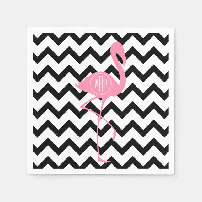 Servilleta De Papel Flamingo rosa monogramado + Chevron negro (Anverso)