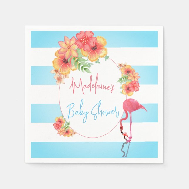 Servilleta De Papel Flamingo Tropical Blue Stripe Baby Shower (Anverso)