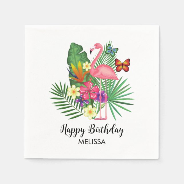 Servilleta De Papel Flamingo Tropical Floral Butterflies Cumpleaños (Anverso)