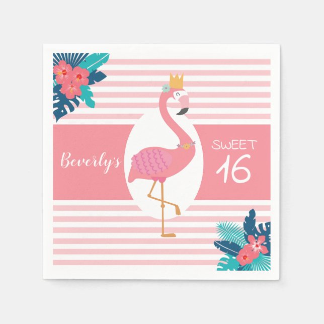 Servilleta De Papel Flamingo tropical rosa y azul floral 16 (Anverso)