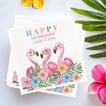 Servilleta De Papel Flamingo Tropical Summer Kids First First Birthday<br><div class="desc">Las servilletas Flamingo Tropical Summer Kids First 1st Birthday presentan un diseño tropical vibrante con hojas verdes exuberantes, flamencos rosas y flores coloridas sobre un fondo blanco. El lúgubre título "FELIZ PRIMER CUMPLEAÑOS" establece el tono divertido, con espacio para un nombre personalizado y detalles fiestas. Perfecto para la celebración del...</div>