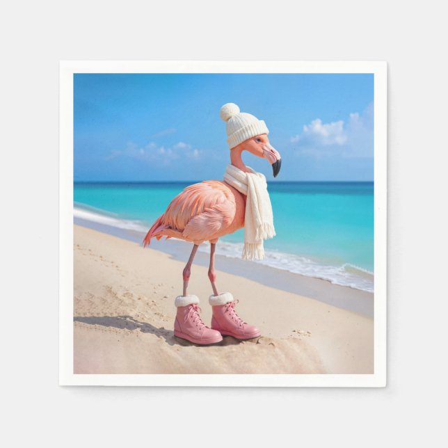 Servilleta De Papel Flamingo Wearing Winter Scarf and Hat (Anverso)