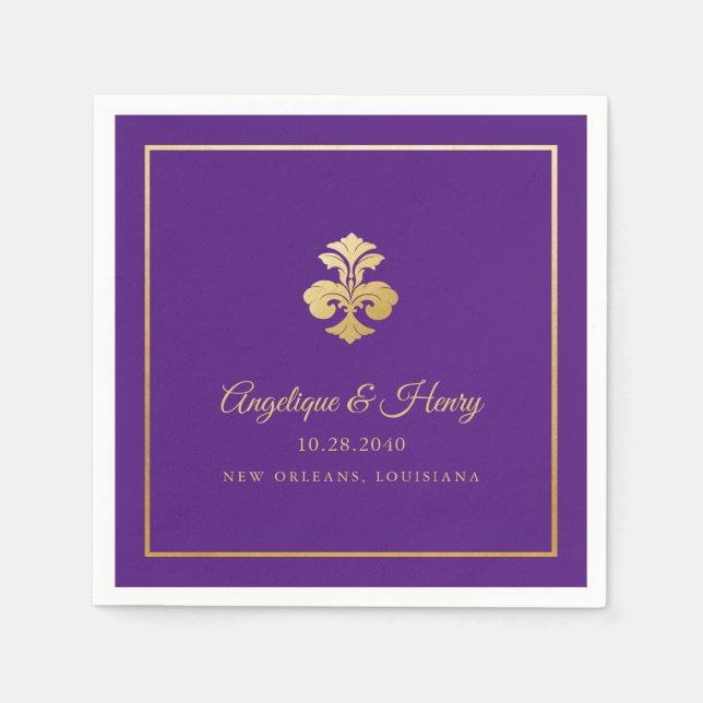 Servilleta De Papel Fleur de Lis Gold Purple Elegante Personalizado (Anverso)