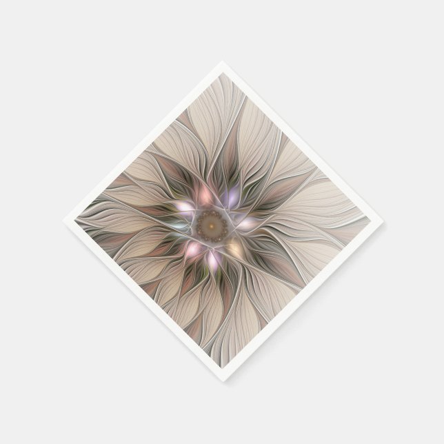 Servilleta De Papel Flor abstracta alegre beige marrón fractal floral (Borde)