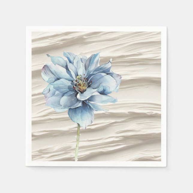 Servilleta De Papel Flor azul acuarela sobre abstracto marfil (Anverso)