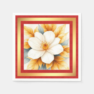 Servilleta De Papel Flor blanca con hojas doradas