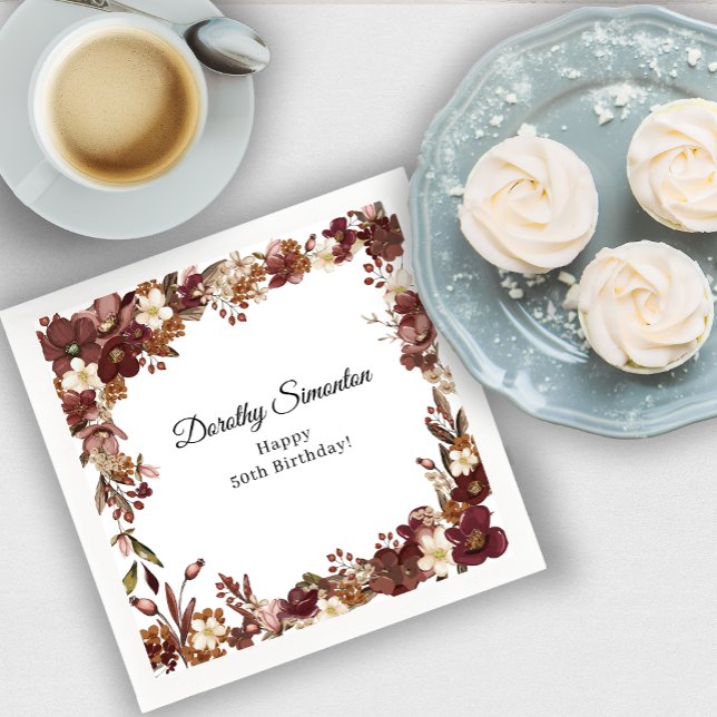 Servilleta De Papel Flor blanca de otoño borgoñona 50 cumpleaños (Need more matching party supplies? Message me!)