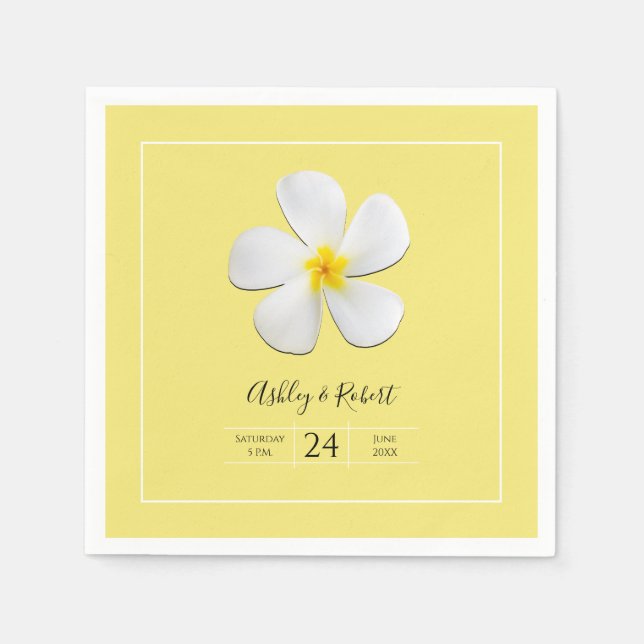 Servilleta De Papel Flor blanca de Plumeria en Boda amarillo y moderno (Anverso)