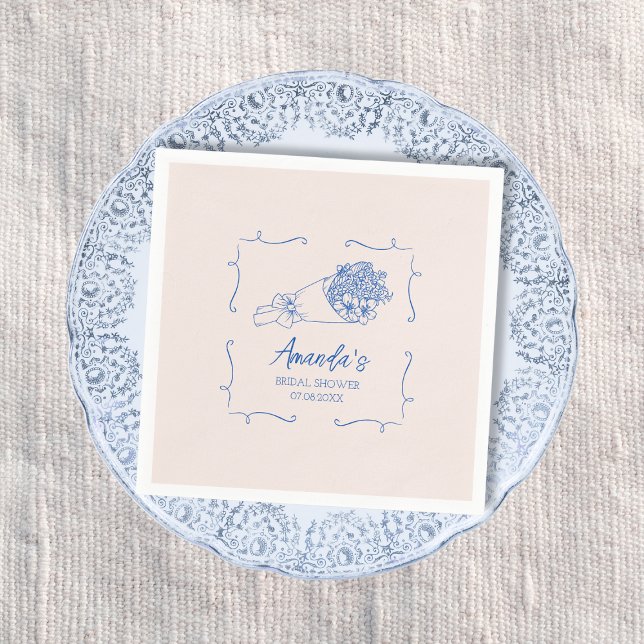 Servilleta De Papel Flor Bouquet Blue Mano Drenada Bridal Shower (Flower Bouquet Blue Hand Drawn Bridal Shower Napkins)