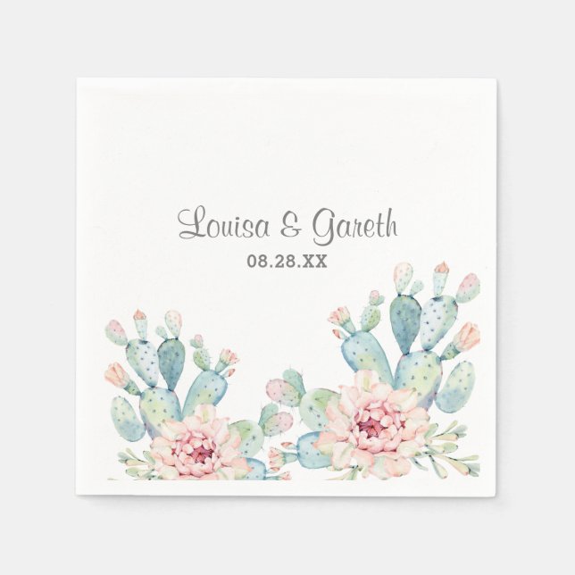 Servilleta De Papel Flor de Cactus Pastel Boda Personalizada (Anverso)