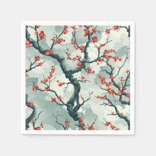 Servilleta De Papel Flor de ciruelo roja sobre fondo verde menta con p