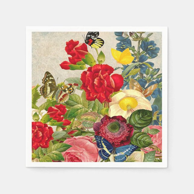 Servilleta De Papel Flor de época Bouquet con mariposas (Anverso)