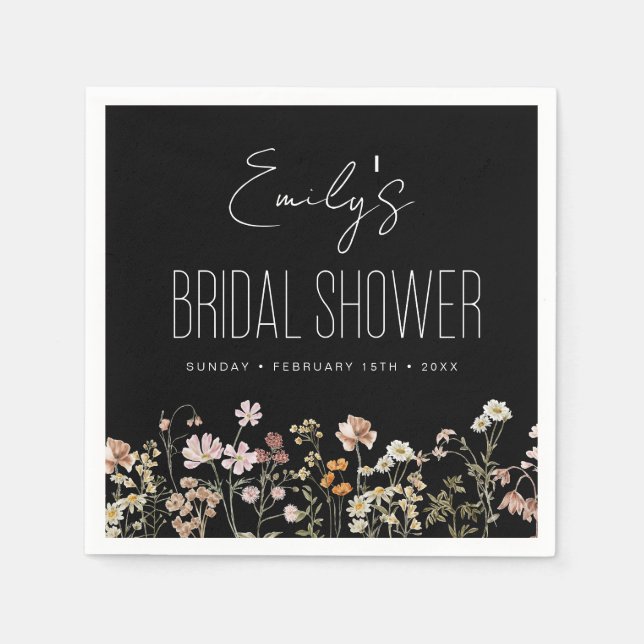 Servilleta De Papel Flor De Flor Silvestre Boho Bridal Shower En Negro (Anverso)