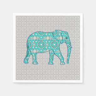 Servilleta De Papel Flor de mandala elefante - turquesa, gris y blanco