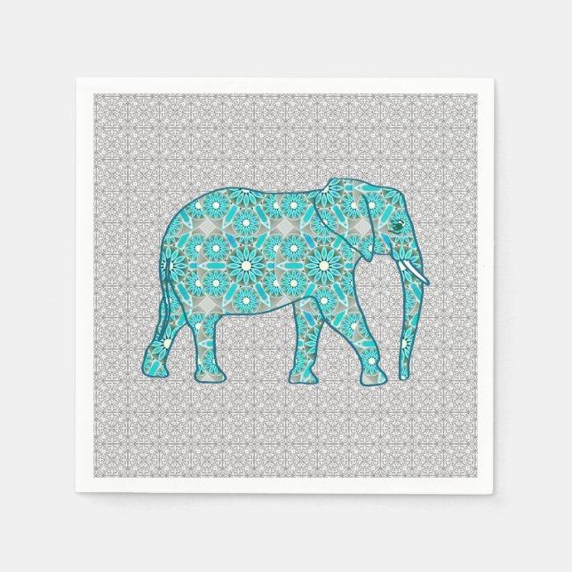Servilleta De Papel Flor de mandala elefante - turquesa, gris y blanco (Anverso)