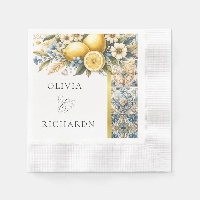 Servilleta De Papel Flor de mosaico mediterránea Positano limón (Anverso)