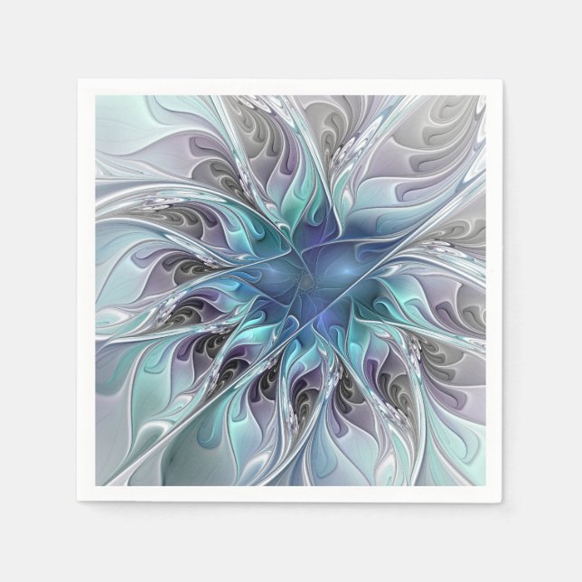Servilleta De Papel Flor Fractal Moderna Con Azul (Anverso)