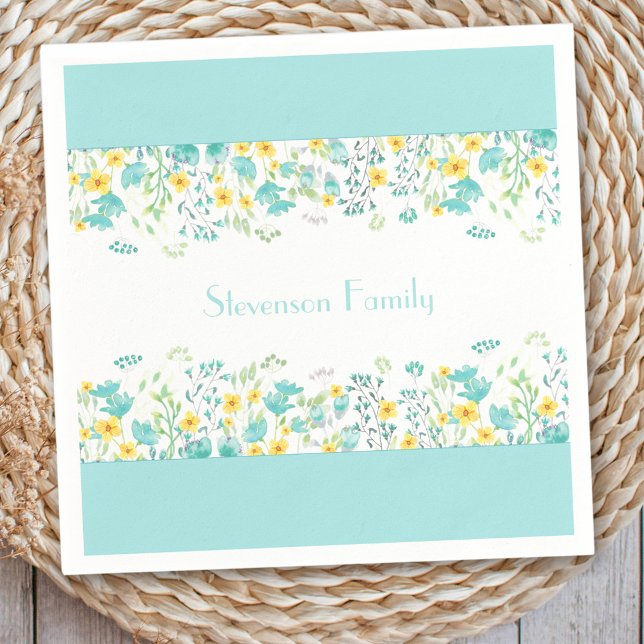 Servilleta De Papel Flor Primavera Azul Amarillo Amarillo Flor Familia (Floral Spring Blue Yellow Wildflowers Family Name Napkins)