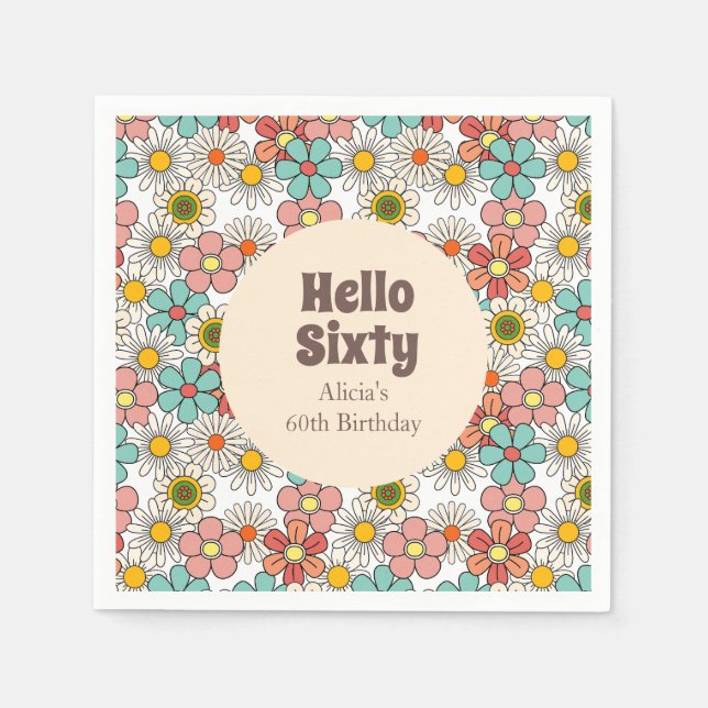 Servilleta De Papel Flor retro Hippie Groovy Hola Sesenta cumpleaños (Anverso)