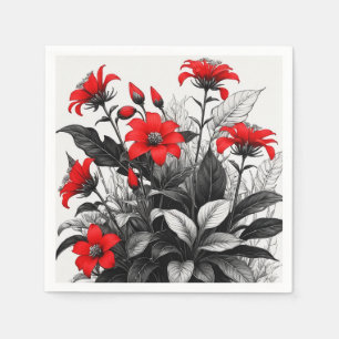 Servilleta De Papel Flor Roja Sobre La Planta Blanca Negra