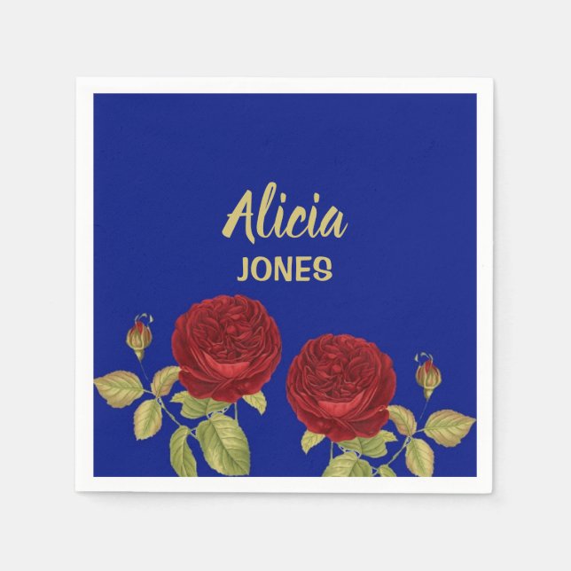 Servilleta De Papel Flor roja y hojas azules (Anverso)