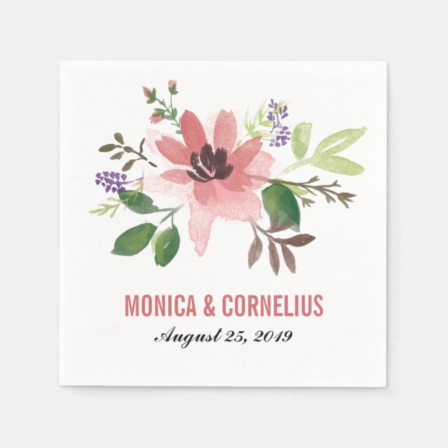 Servilleta De Papel Flor rosa acuarela | Recepción de bodas (Anverso)