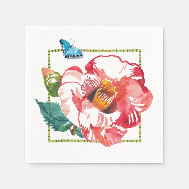 Servilleta De Papel Flor rosa roja Camellia mariposa azul (Anverso)