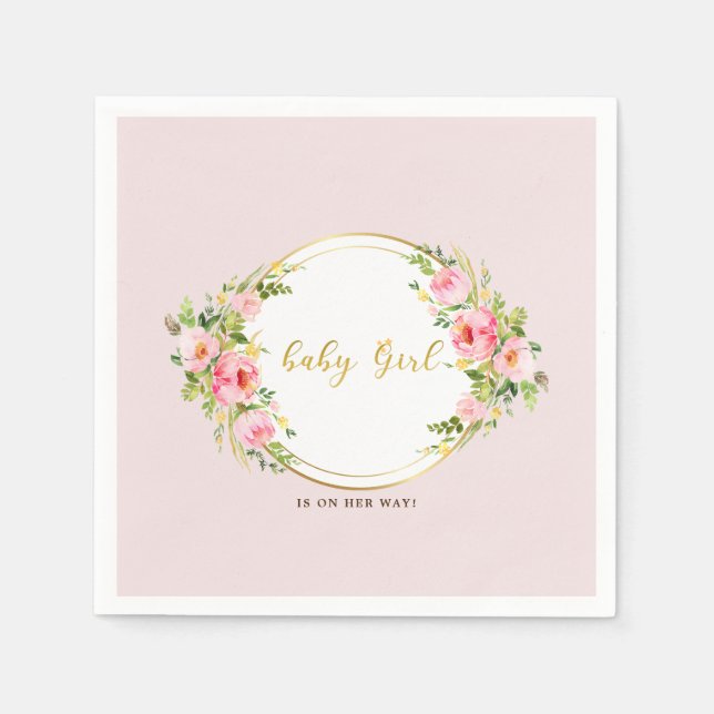 Servilleta De Papel Flor rosa y dorada Bebé ducha de bebé (Anverso)