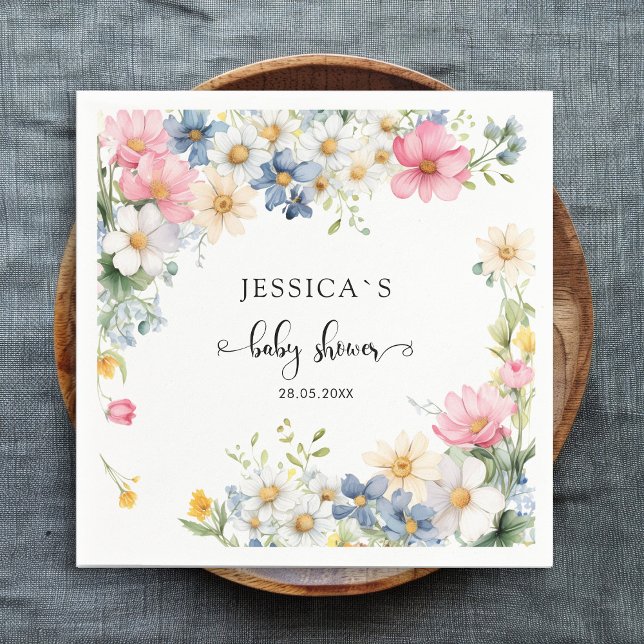 Servilleta De Papel Flor silvestre, Baby Shower (Customer-specific, cute, wildflower baby shower napkin with your name & date. For girl, boy.)