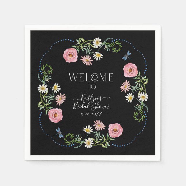 Servilleta De Papel Flor silvestre floral Daisy Black Boho Bridal Show (Anverso)