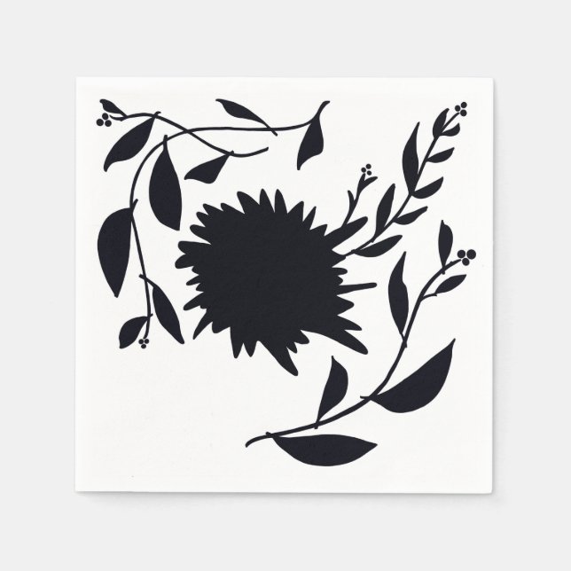 Servilleta De Papel Flor tropical, abstracta en negro sobre blanco (Anverso)
