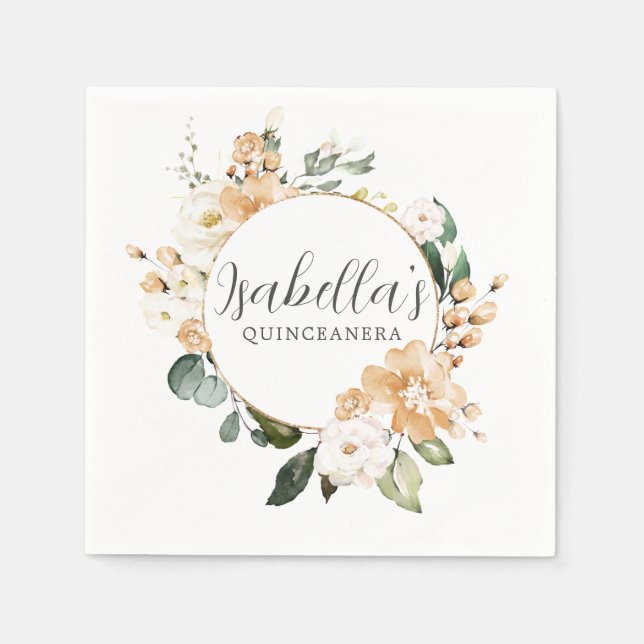 Servilleta De Papel Flora de rosa blanca dorada personalizada Quincean (Anverso)