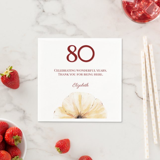 Servilleta De Papel Floral 80th Birthday - Elegant Yellow Bloom Design (In situ)