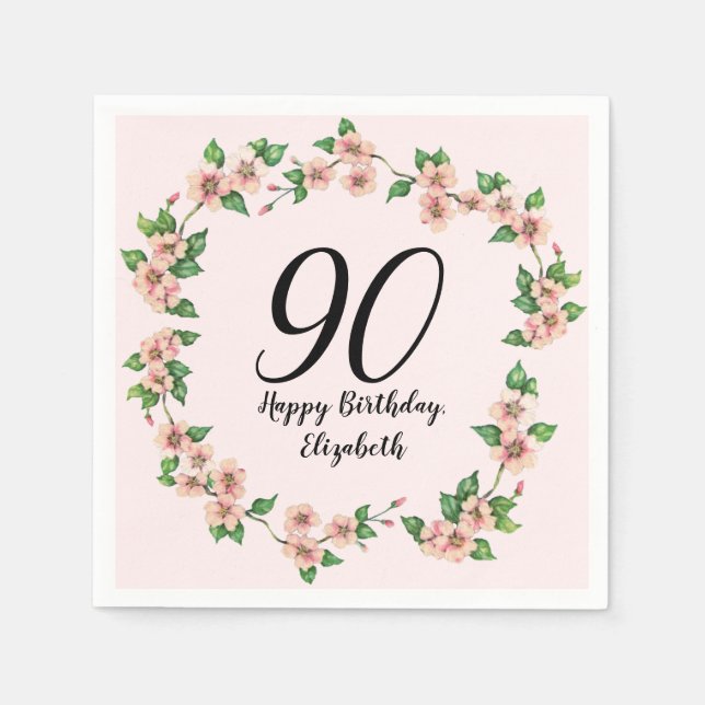 Servilleta De Papel Floral 90 cumpleaños bonito rosa rubor (Anverso)