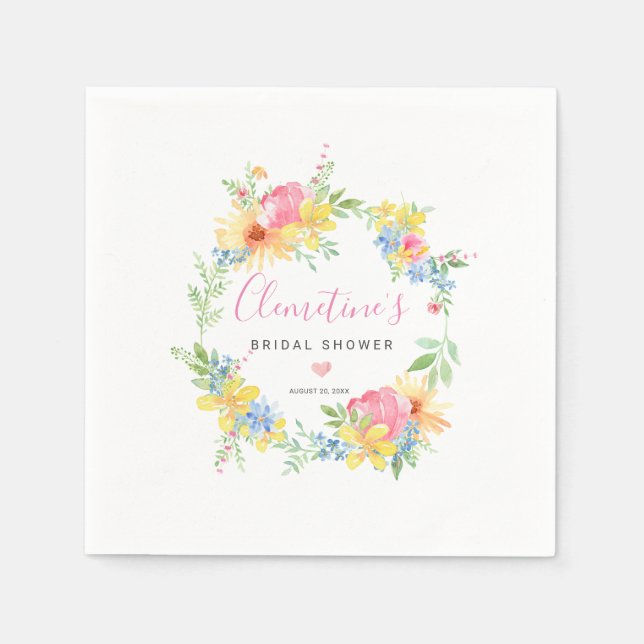 Servilleta De Papel Floral Acuarela Amarillo Rosa Rústico (Anverso)