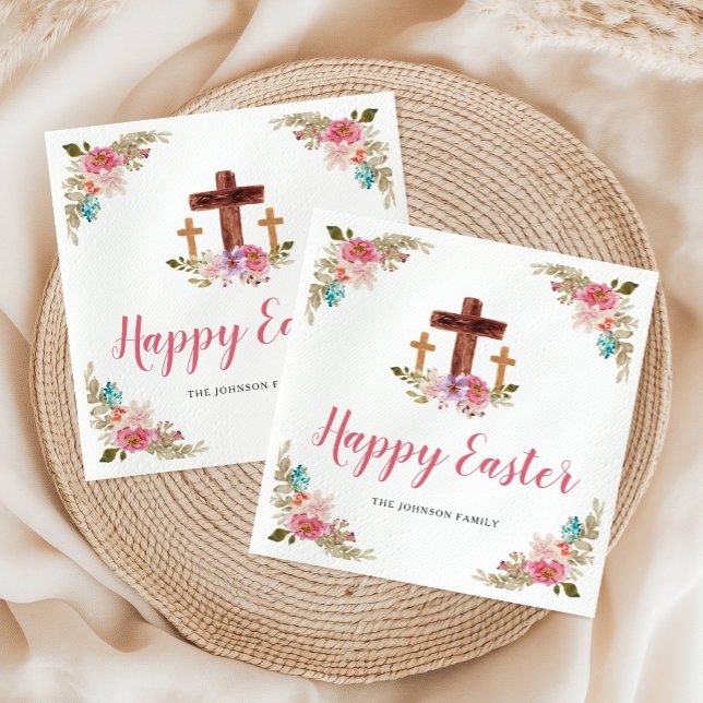Servilleta De Papel Floral acuarela Cruz religiosa Feliz Pascua (Floral Watercolor Religious Cross Happy Easter Napkins)