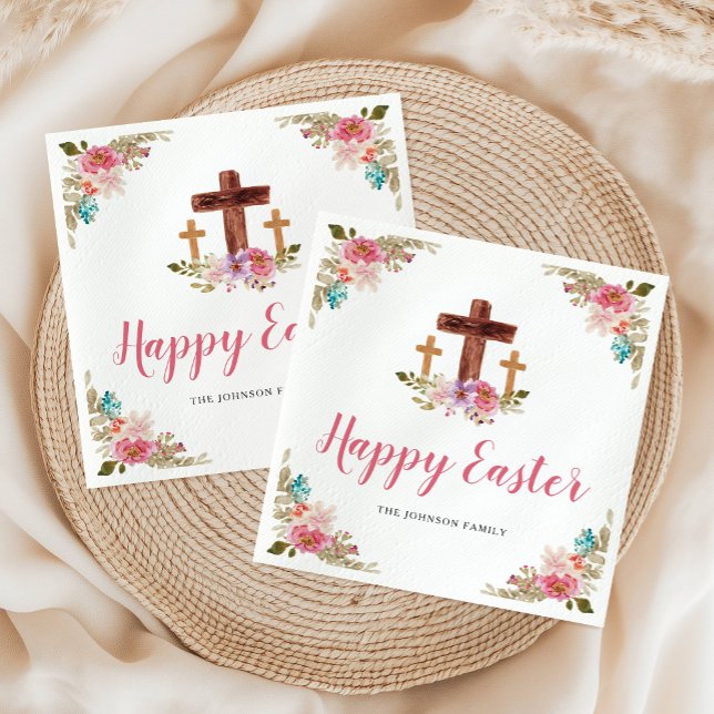 Servilleta De Papel Floral acuarela Cruz religiosa Feliz Pascua (Floral Watercolor Religious Cross Happy Easter Napkins)