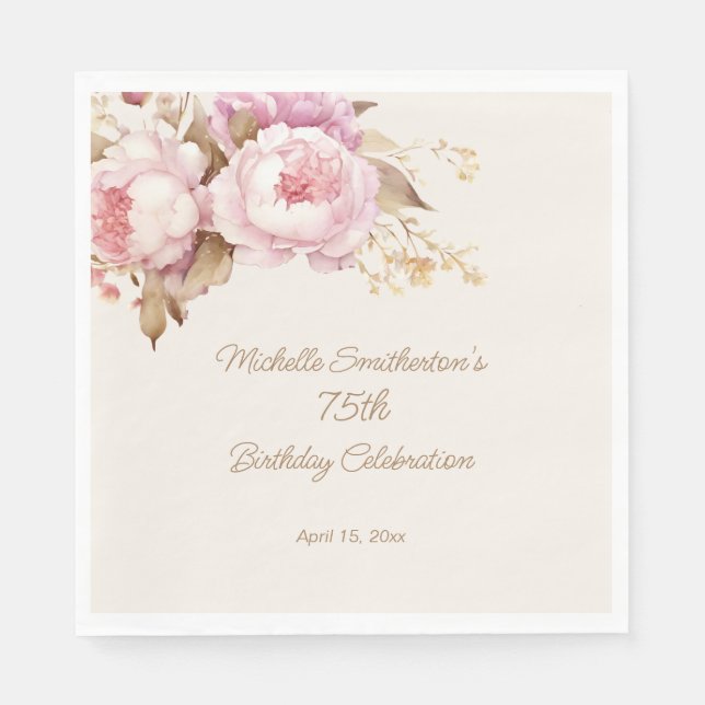 Servilleta De Papel Floral Acuarela Rosa Cumpleaños 75 (Anverso)