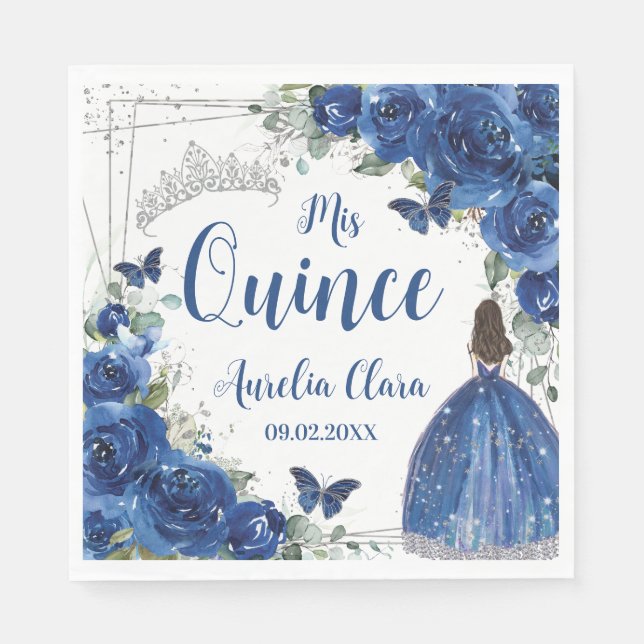 Servilleta De Papel Floral azul real Princesa Plata Quinceañera (Anverso)