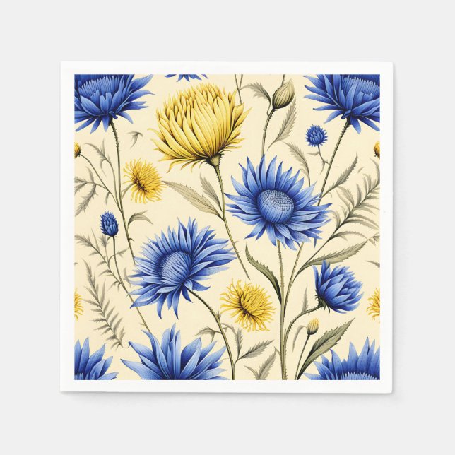 Servilleta De Papel Floral azul y amarillo elegante (Anverso)